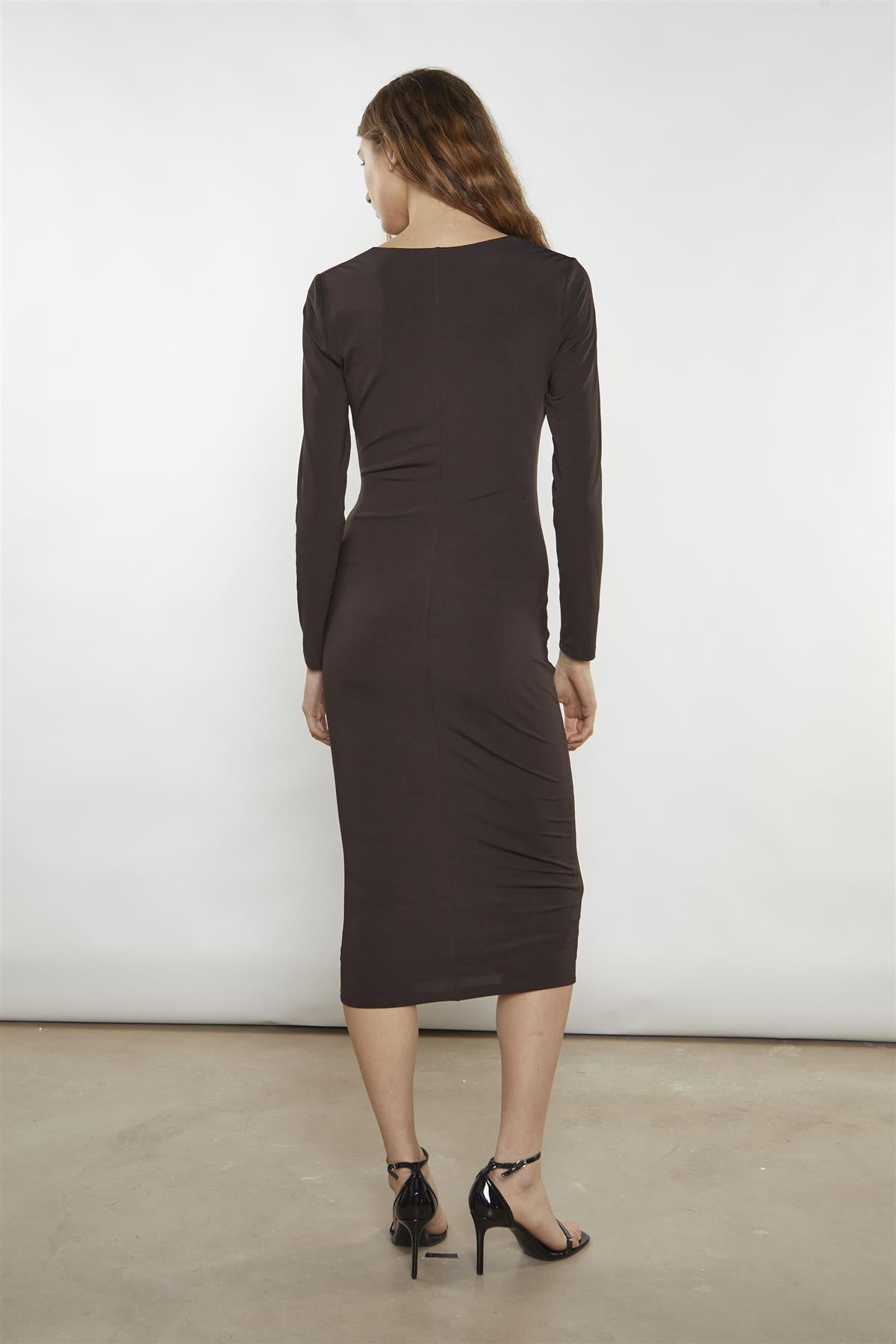 Bitter-Chocolate Plunging-Cowl Midi-Dress
