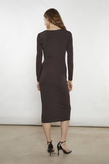 Bitter-Chocolate Plunging-Cowl Midi-Dress