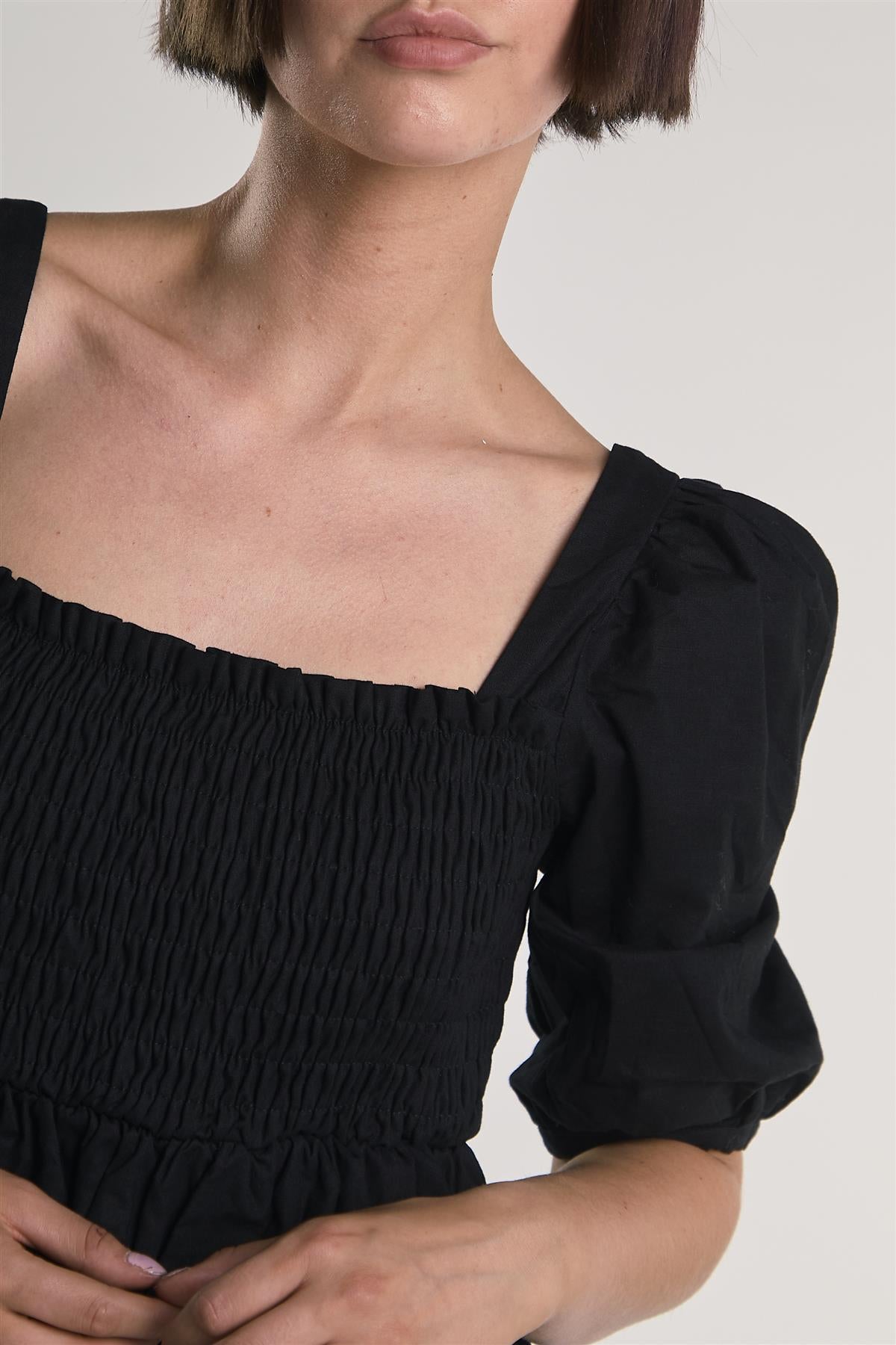 Black Shirred-Front Midi-Dress