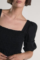 Black Shirred-Front Midi-Dress