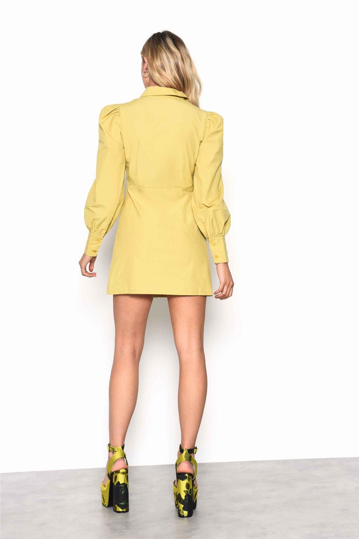Citron Puff Sleeve Mini Shirt Dress