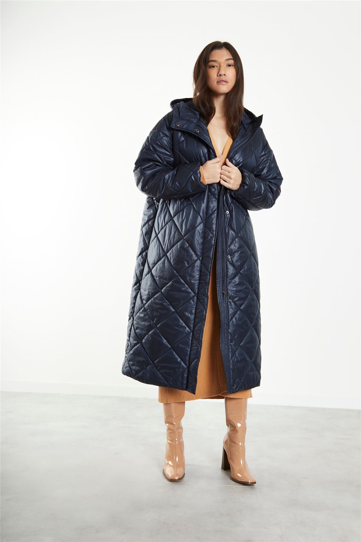 Black Longline Puffer Coat with Hood