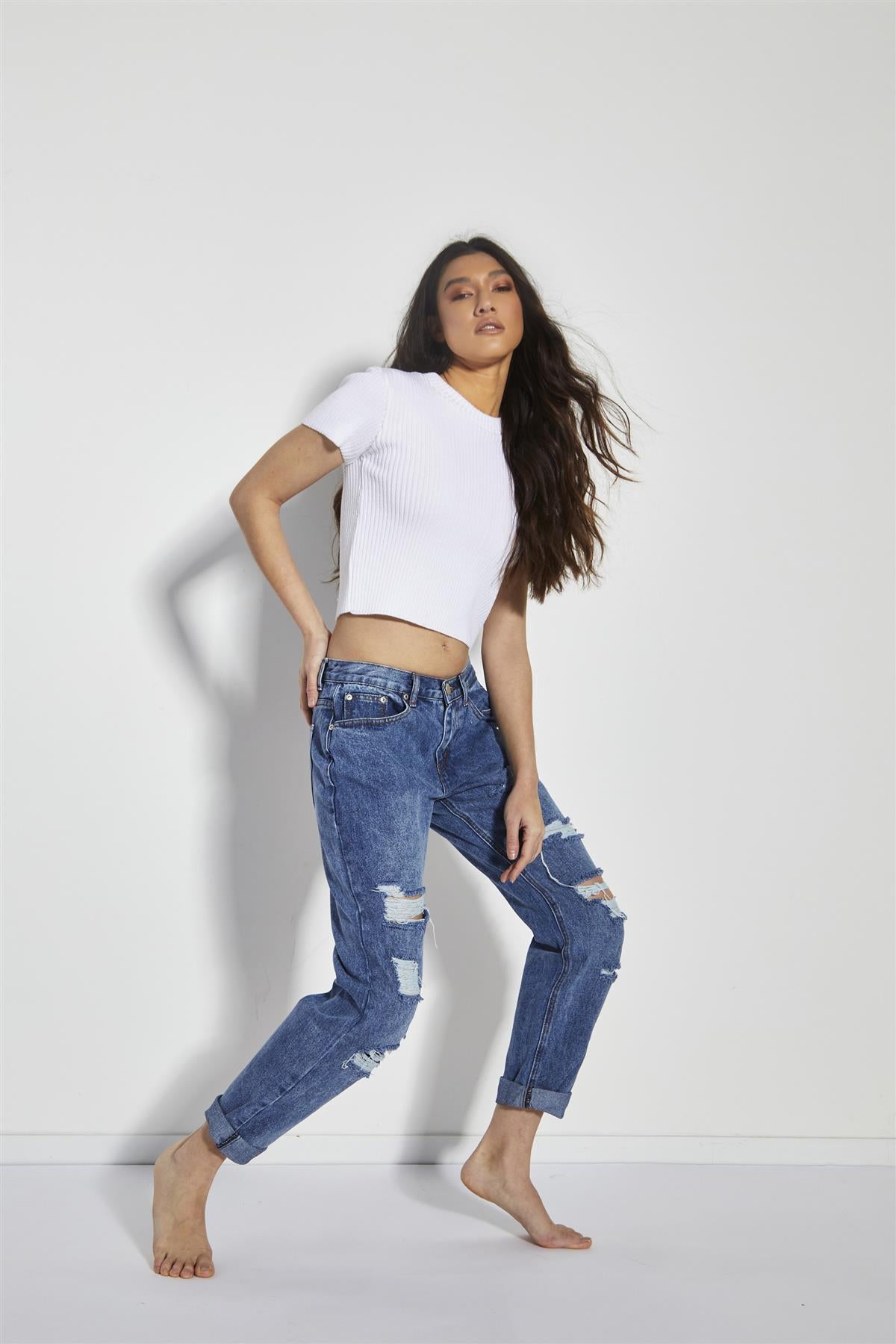 Mid Stone Distressed Low-Rise-Jeans