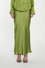 Dark-Apple Green Bias-Cut Midi-Skirt