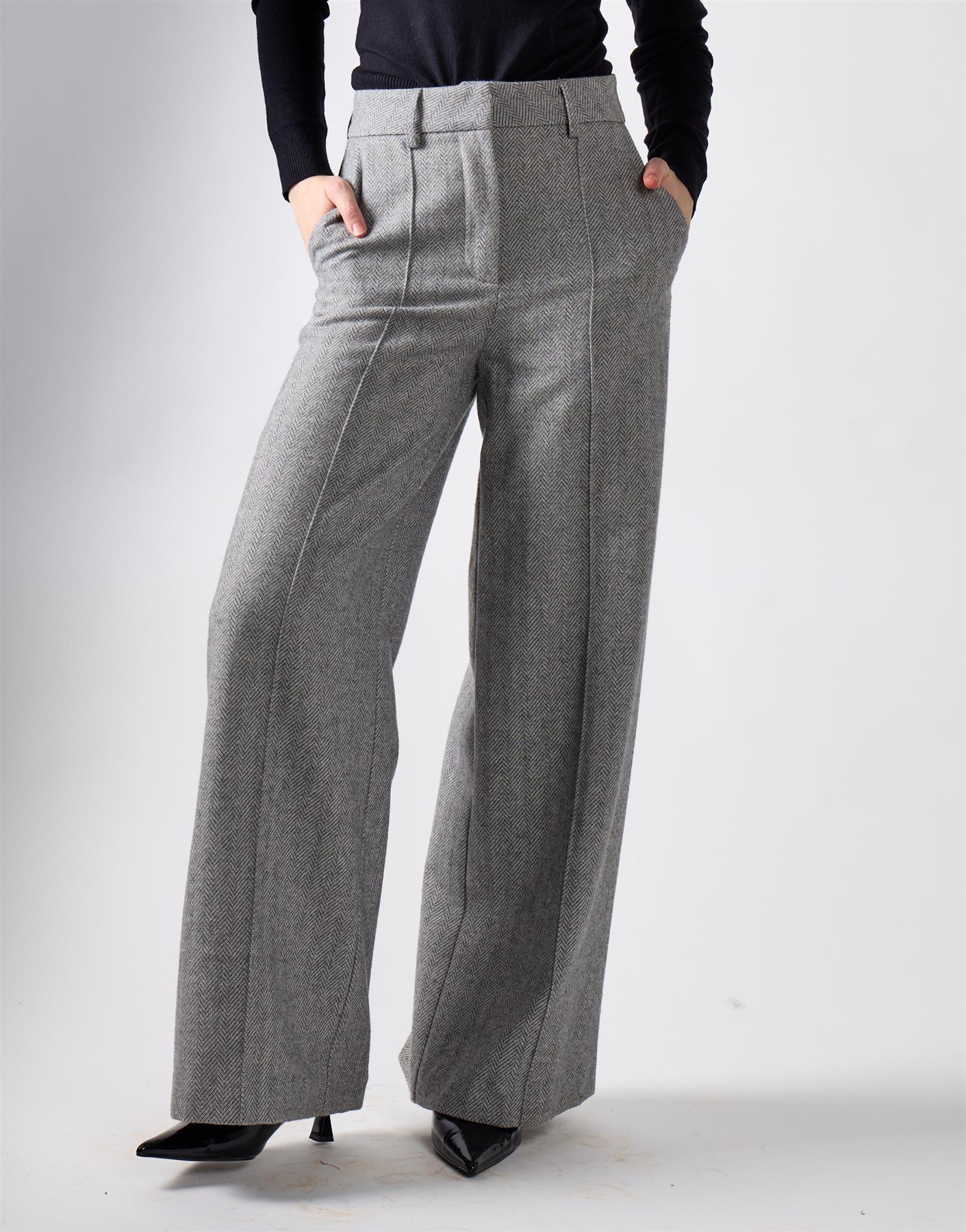 Grey Herringbone Wide Leg Suit Trousers