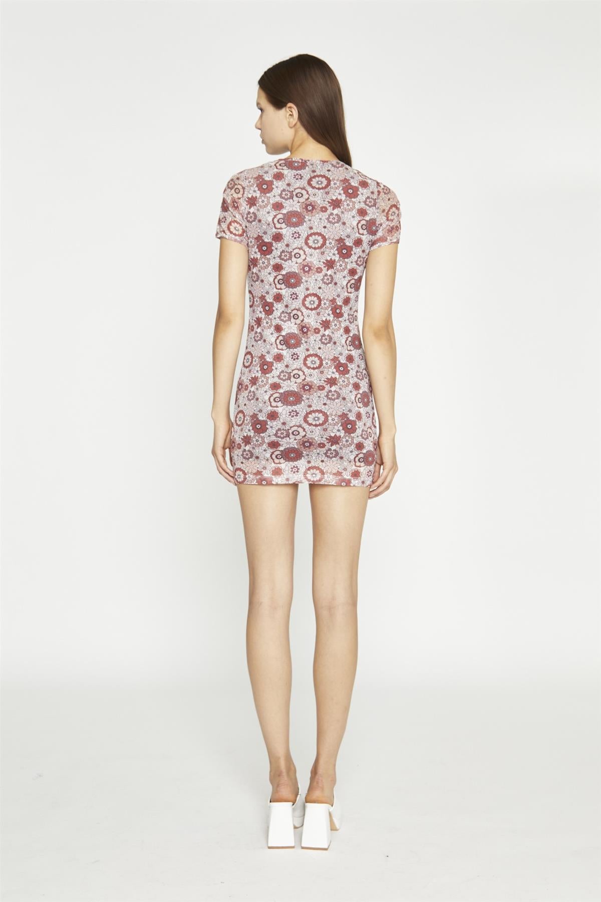 Nude-Brown-Vintage-Floral Body-Con Mini-Dress