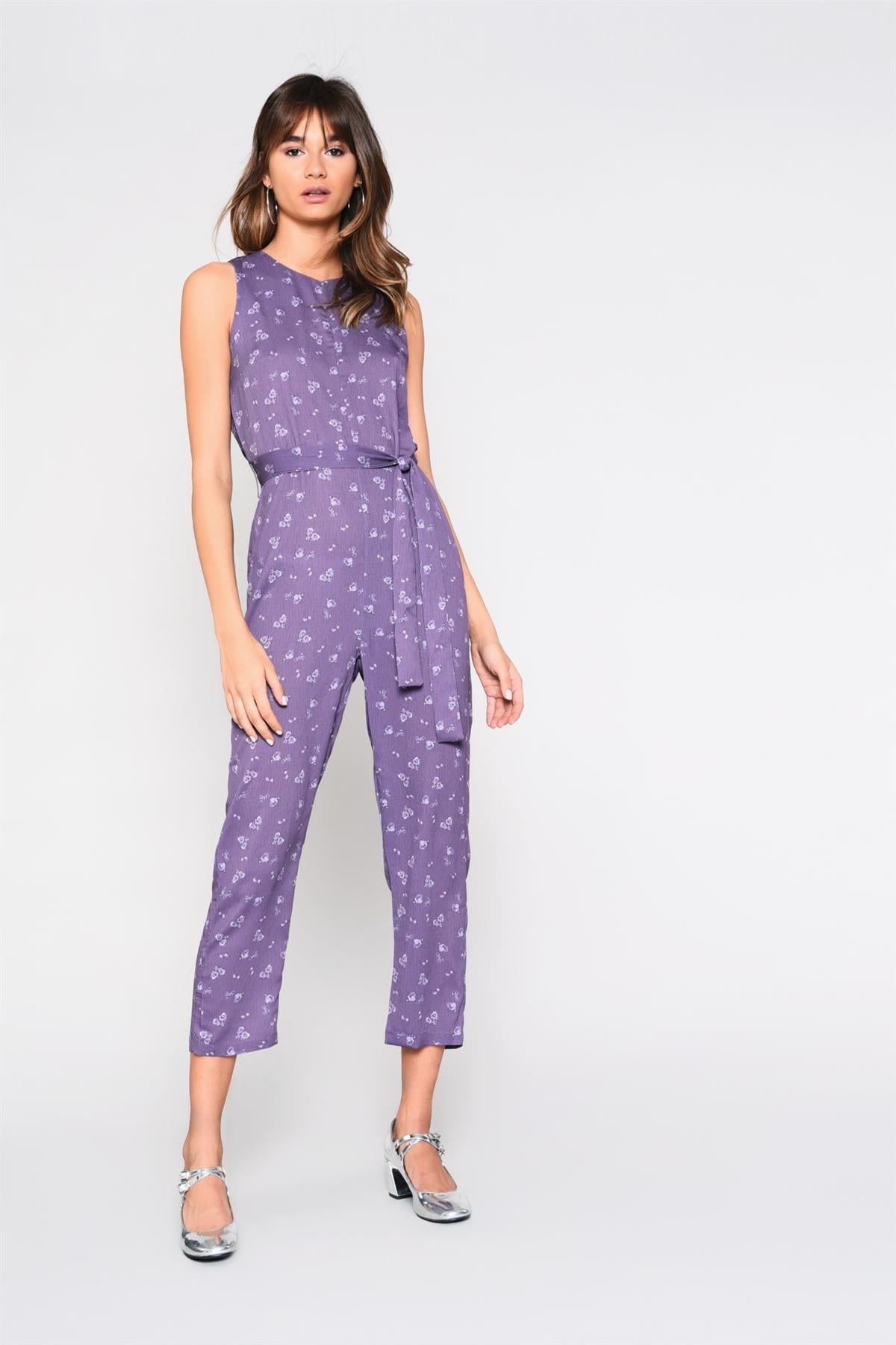 Dusty-Purple Floral Belted Jumpsuit