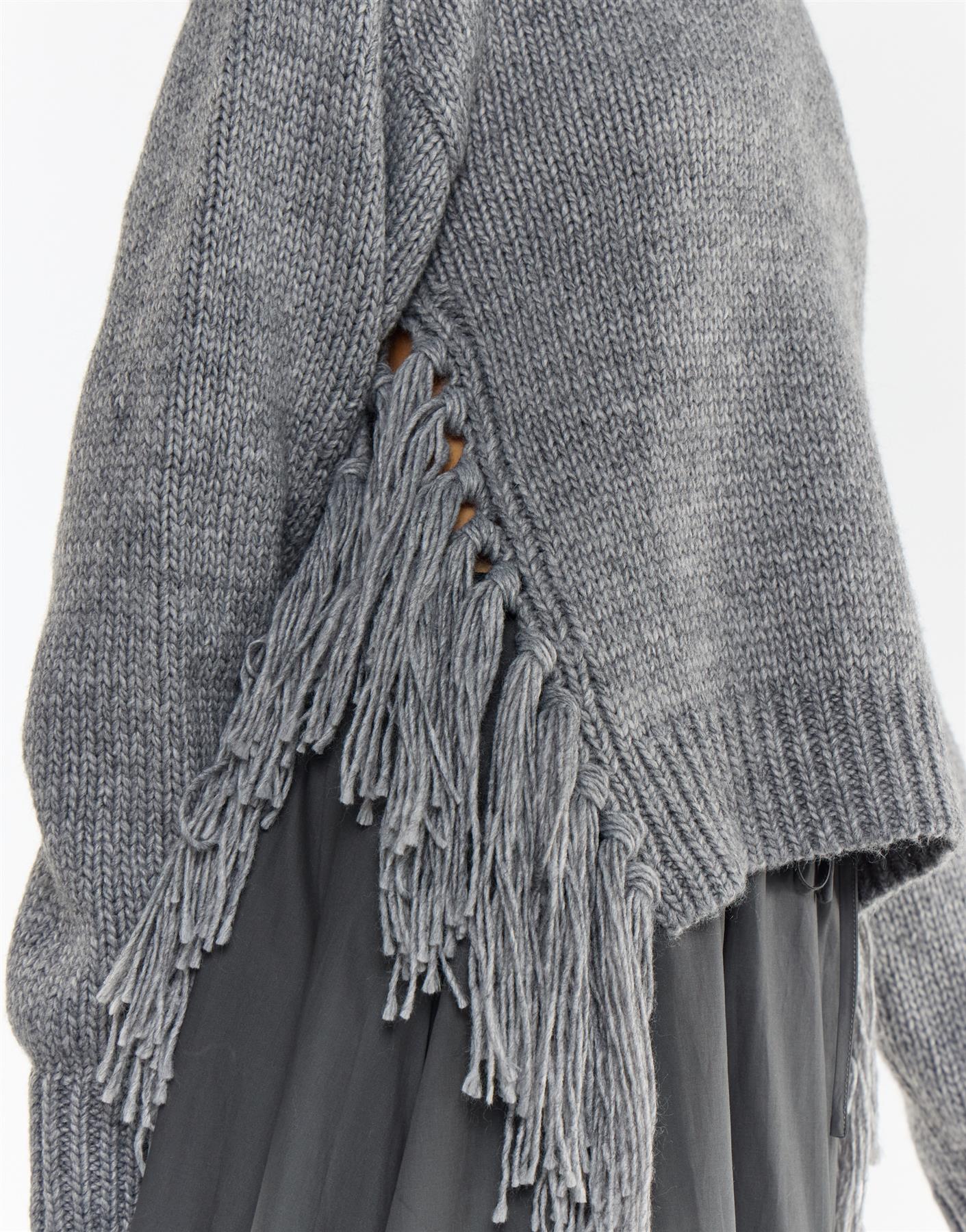 Grey Marl Fringe Trim Crew-Neck Jumper