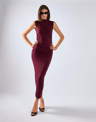 Burgundy Sleeveless High-Neck Ruched Midi Bodycon Dress