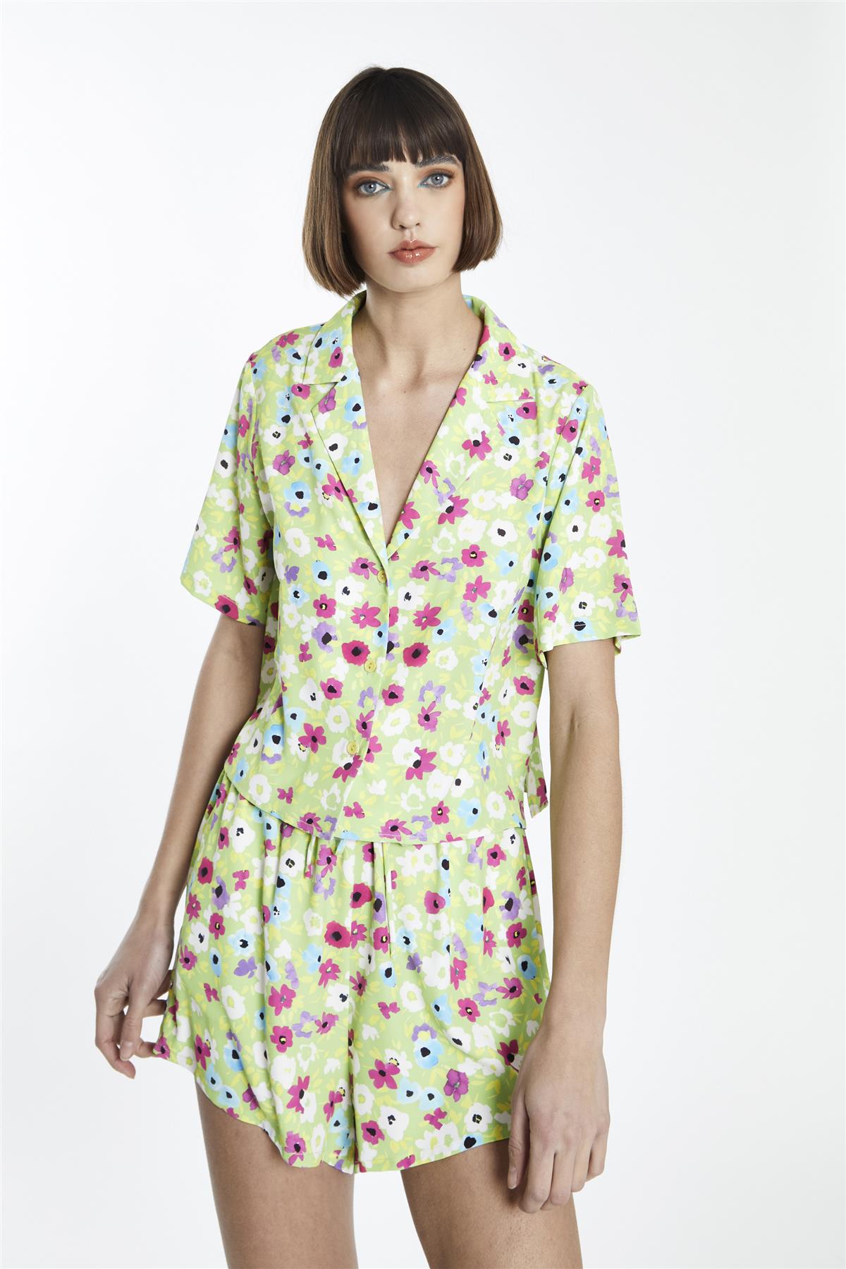 Multi Green Floral Button Front Crop-Shirt