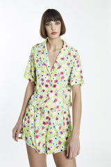 Multi Green Floral Button Front Crop-Shirt