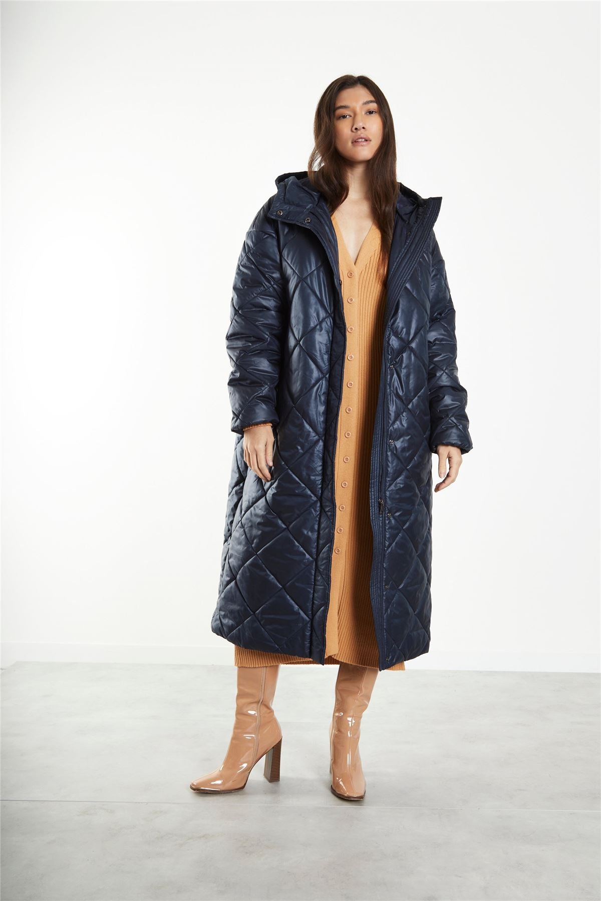 Black Longline Puffer Coat with Hood