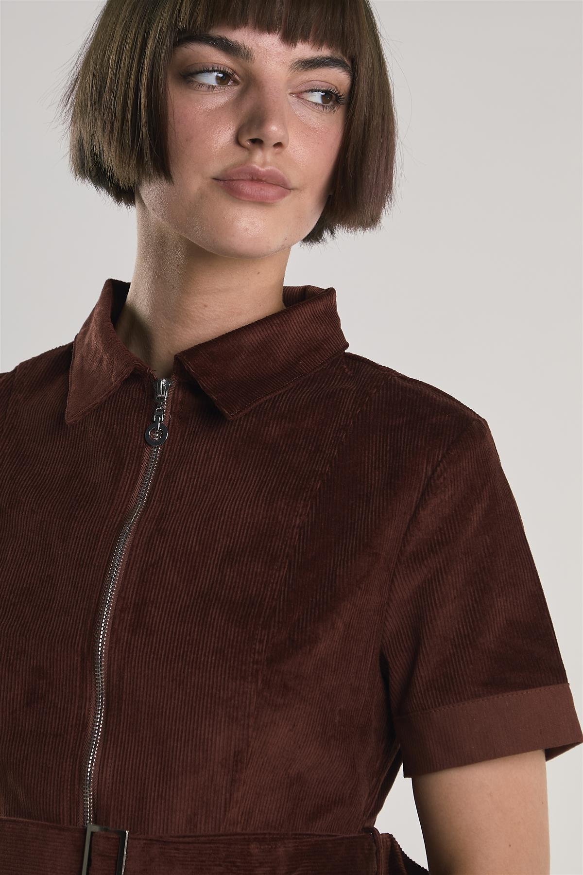 Rust-Corduroy Half-Sleeve Mini-Dress