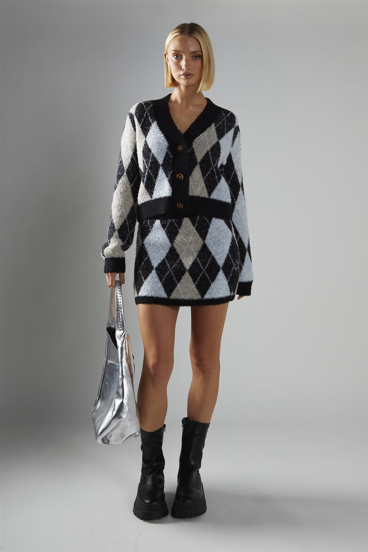 Black-Multi-Argyle Button-Down Cardigan