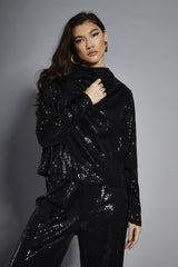 Black Sequin High-Neck Long Sleeve Blouse