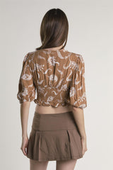 Brown-Paisley Puff-Sleeve V-Neck Crop-Top