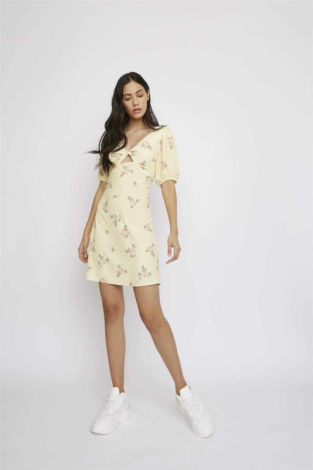 Yellow-Pink-Rose Short-Puff-Sleeve-Front-Knot Mini-Dress