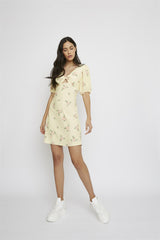 Yellow-Pink-Rose Short-Puff-Sleeve-Front-Knot Mini-Dress