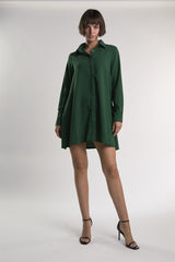 Dark-Green Long-Sleeve-Button-Front Mini-Shirt Dress