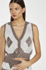 Brown-Multi Argyle Button-Through Knit -Vest
