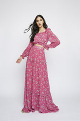 Pink Floral Square Frill Neck Crop Top