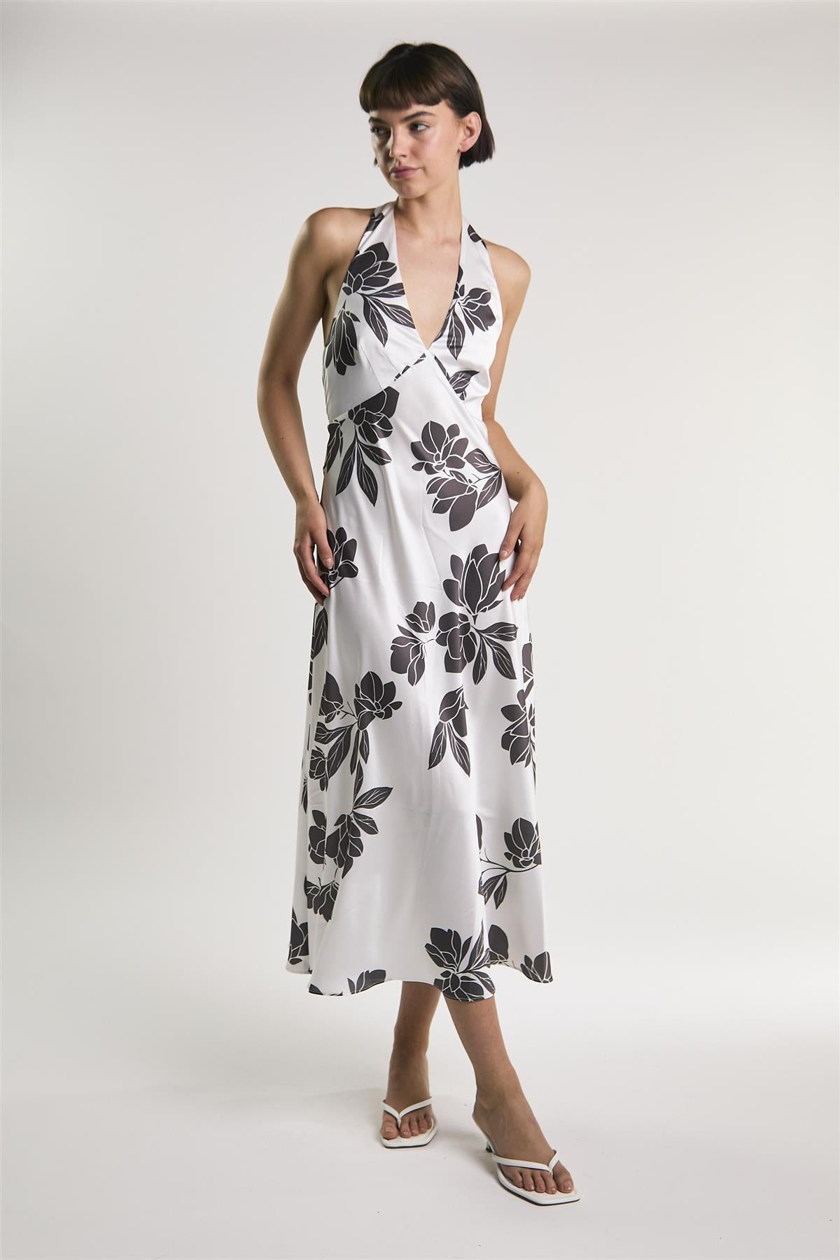 White Brown Floral Halter Neck Midaxi Dress