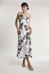 White Brown Floral Halter Neck Midaxi Dress