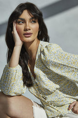 Yellow Vintage daisy V-Neck Button Front Blouse
