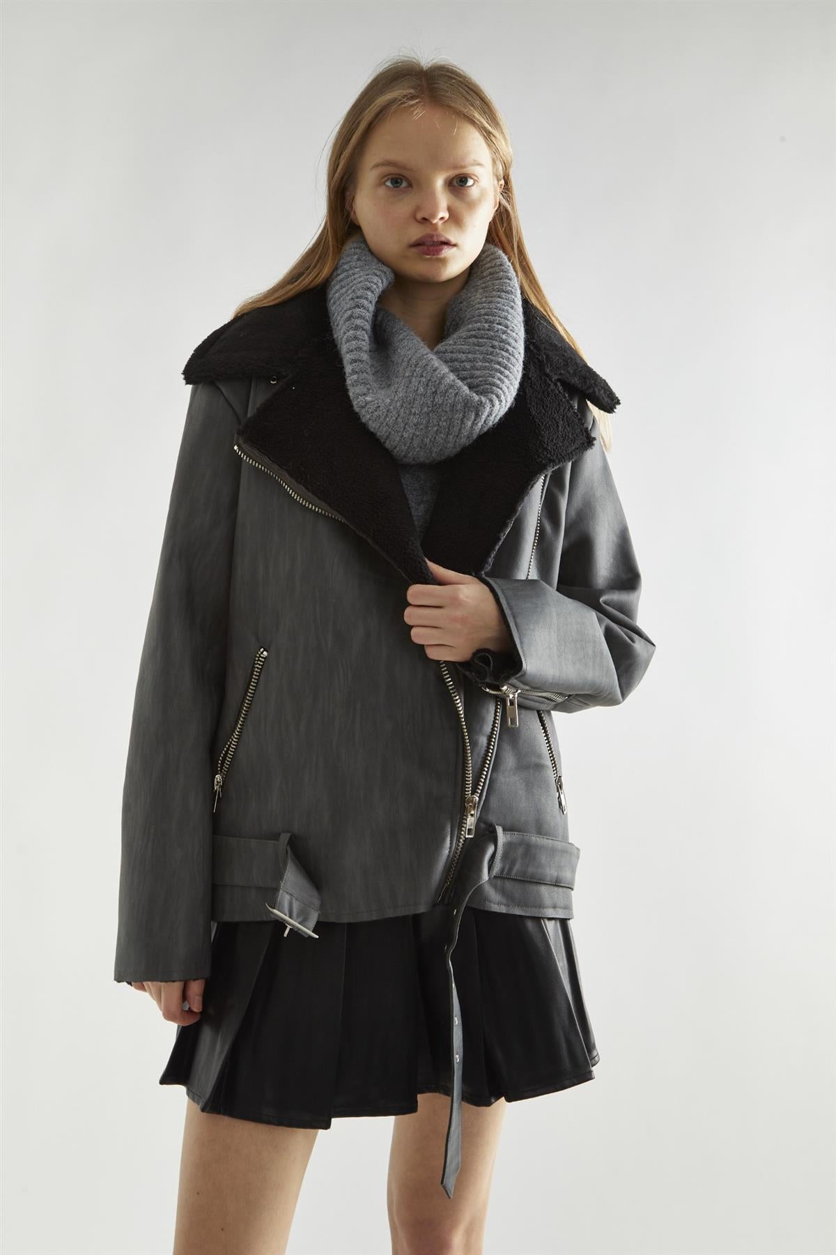 Washed Black Leather Midi- Jacket