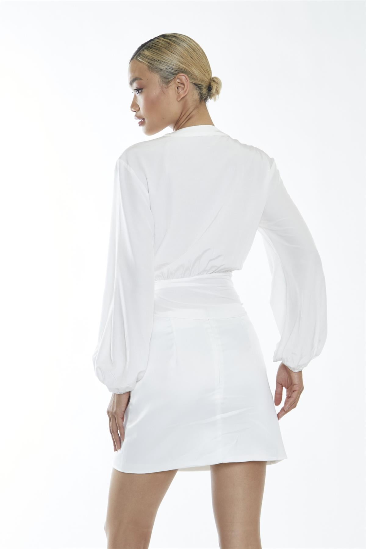 Off White Wrap Detail Long-Sleeve-Top
