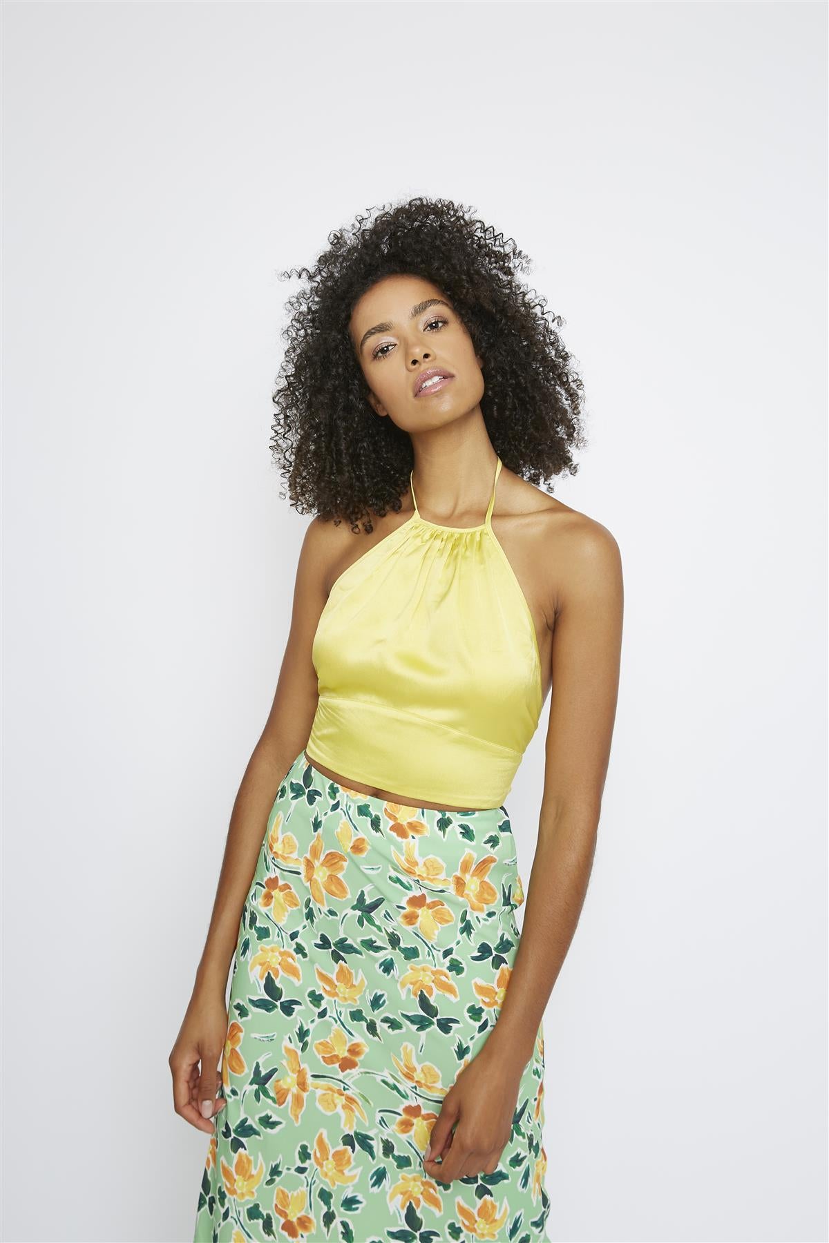 Golden-Yellow-Sateen Halter Crop-Top