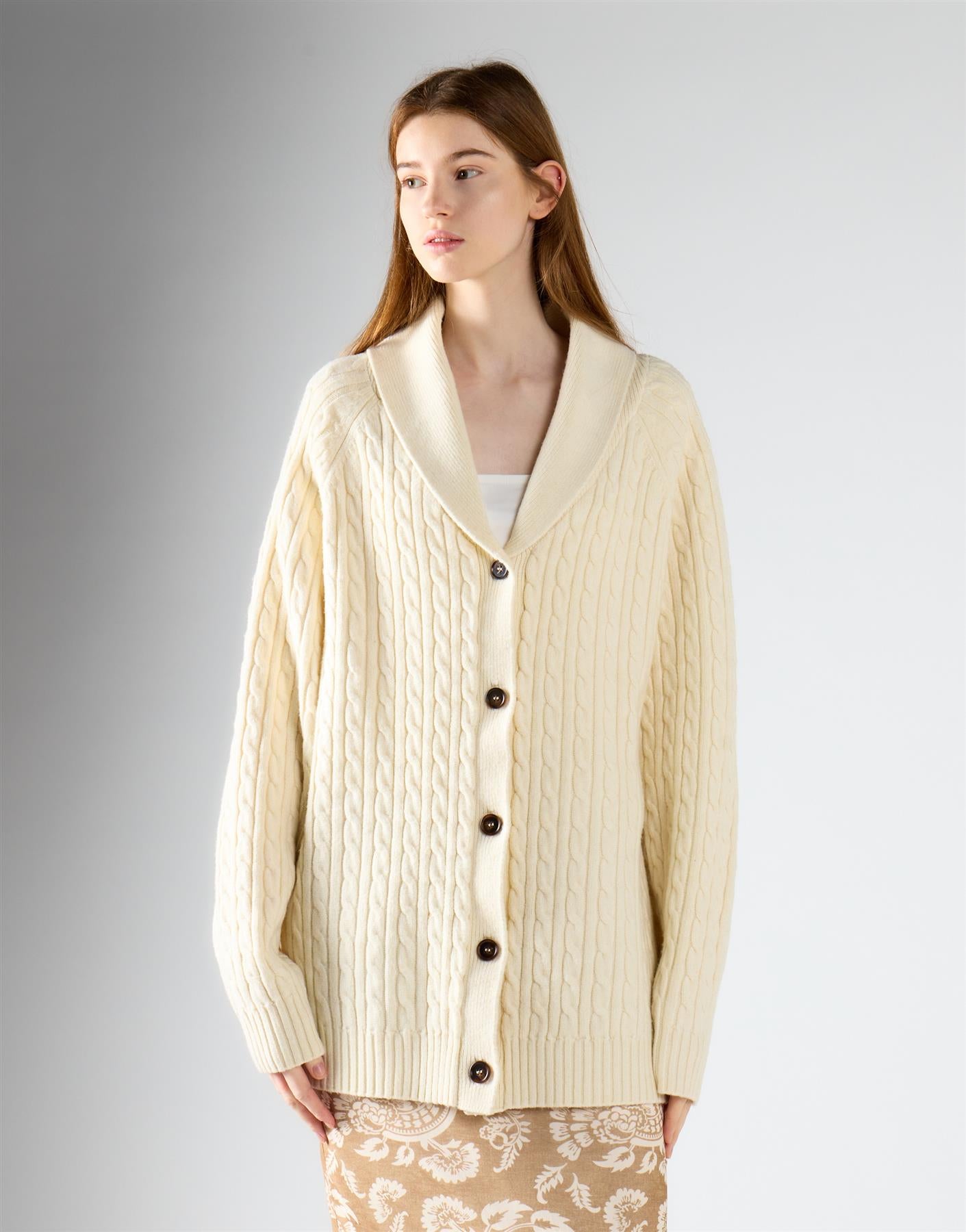 Cream Cable Knit Midi Length Cardigan