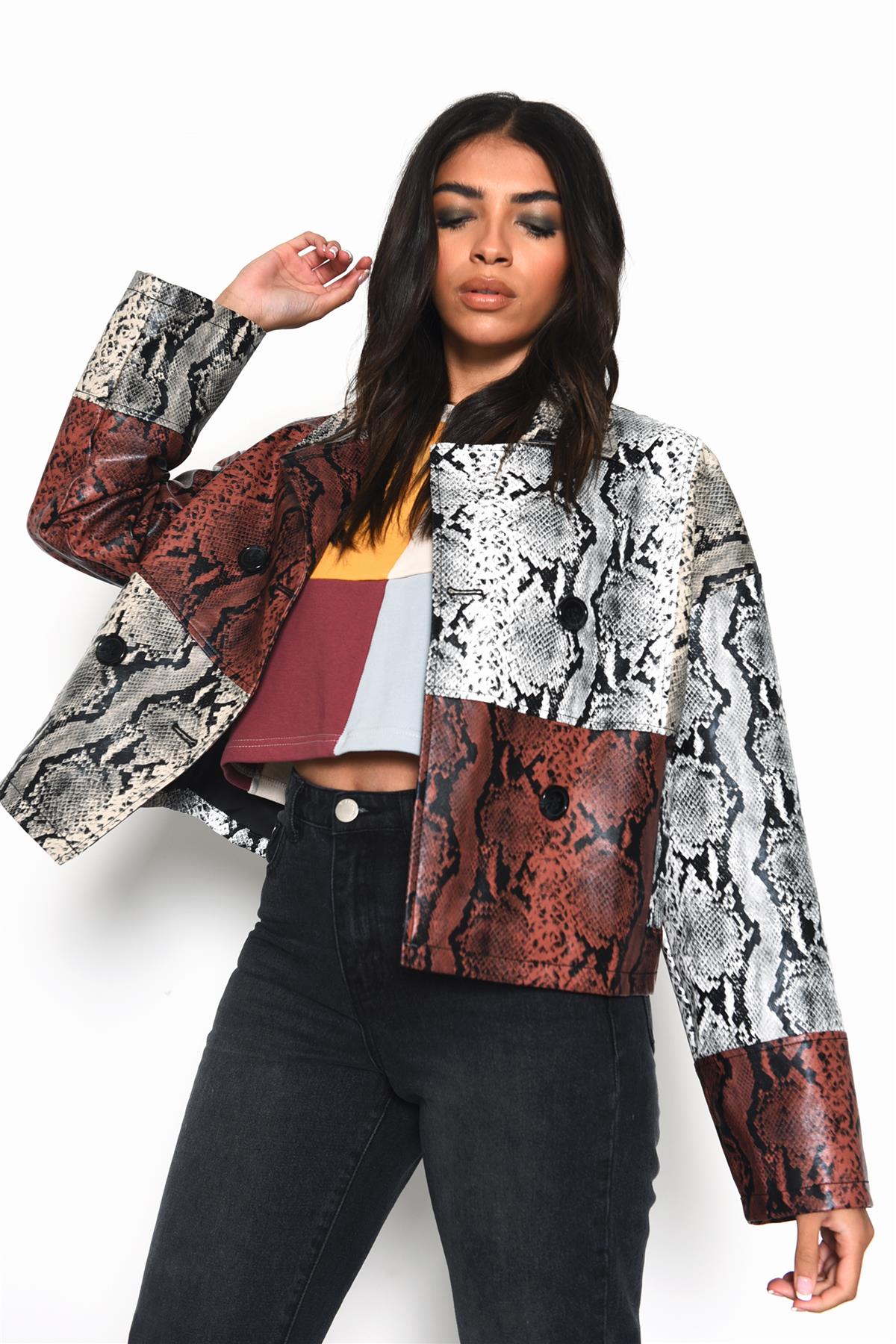 Snakeskin-Patchwork Button-Front Long-Sleeve-Jacket