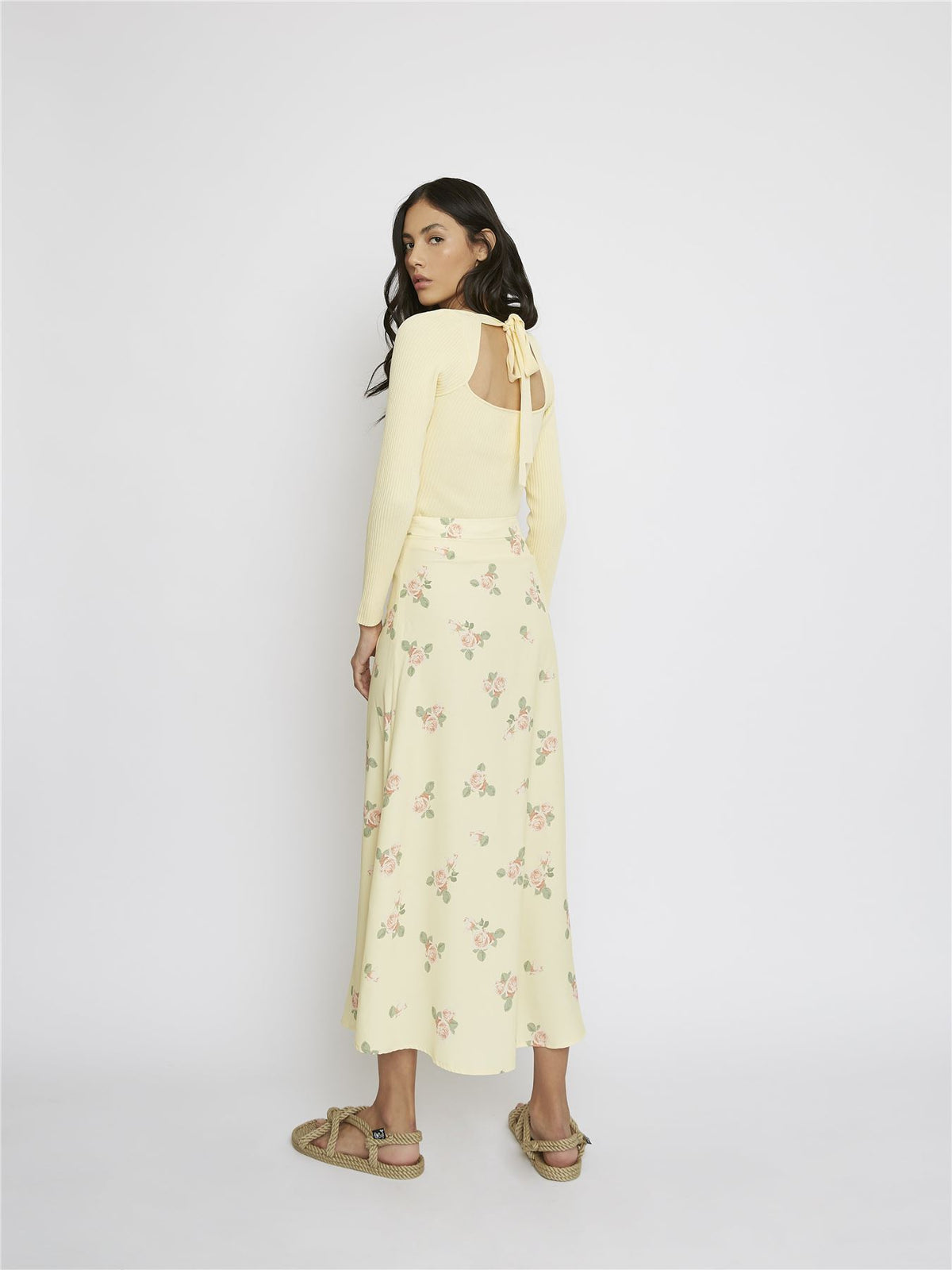 Lemon Ribbed Tie Back Long Sleeve Top