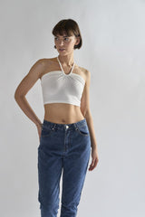 Off-White Tie Neck Halter Crop-Top