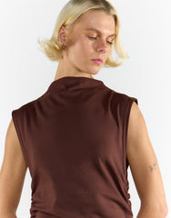 Brown Cotton Mock Neck Long Dress