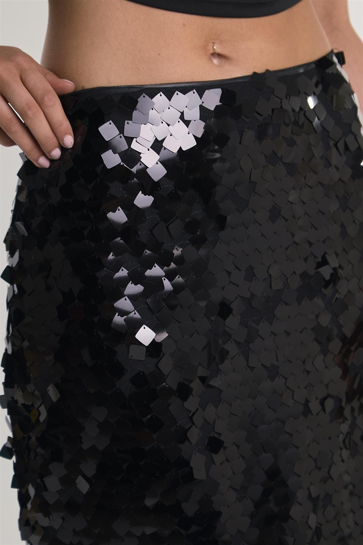 Black-Square-Sequin High-Waisted Midi-Skirt