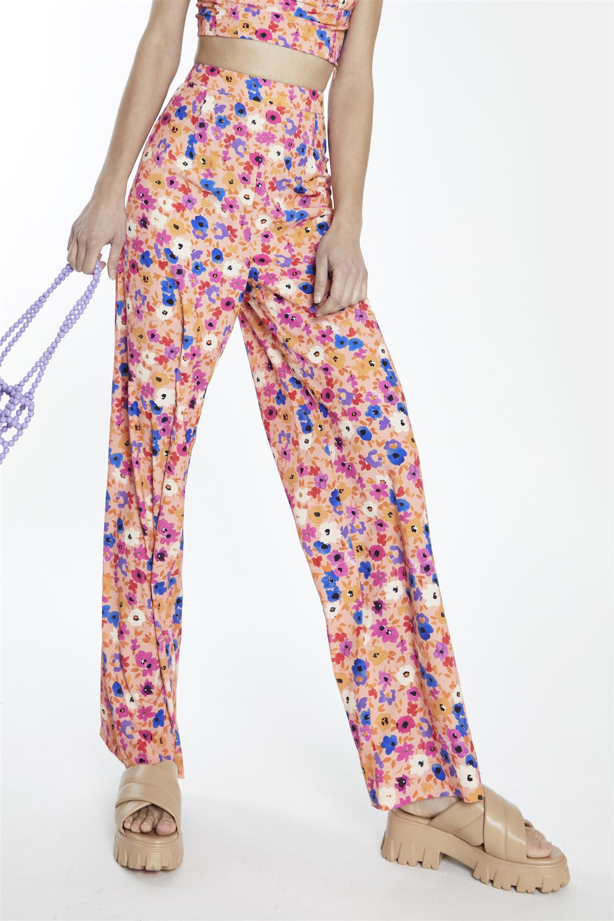 Multi Orange Floral High-Waist Loose-Trousers