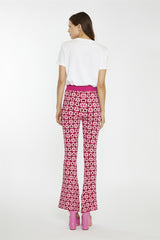 Pink Red Flower Check Flare High-Waist-Trousers
