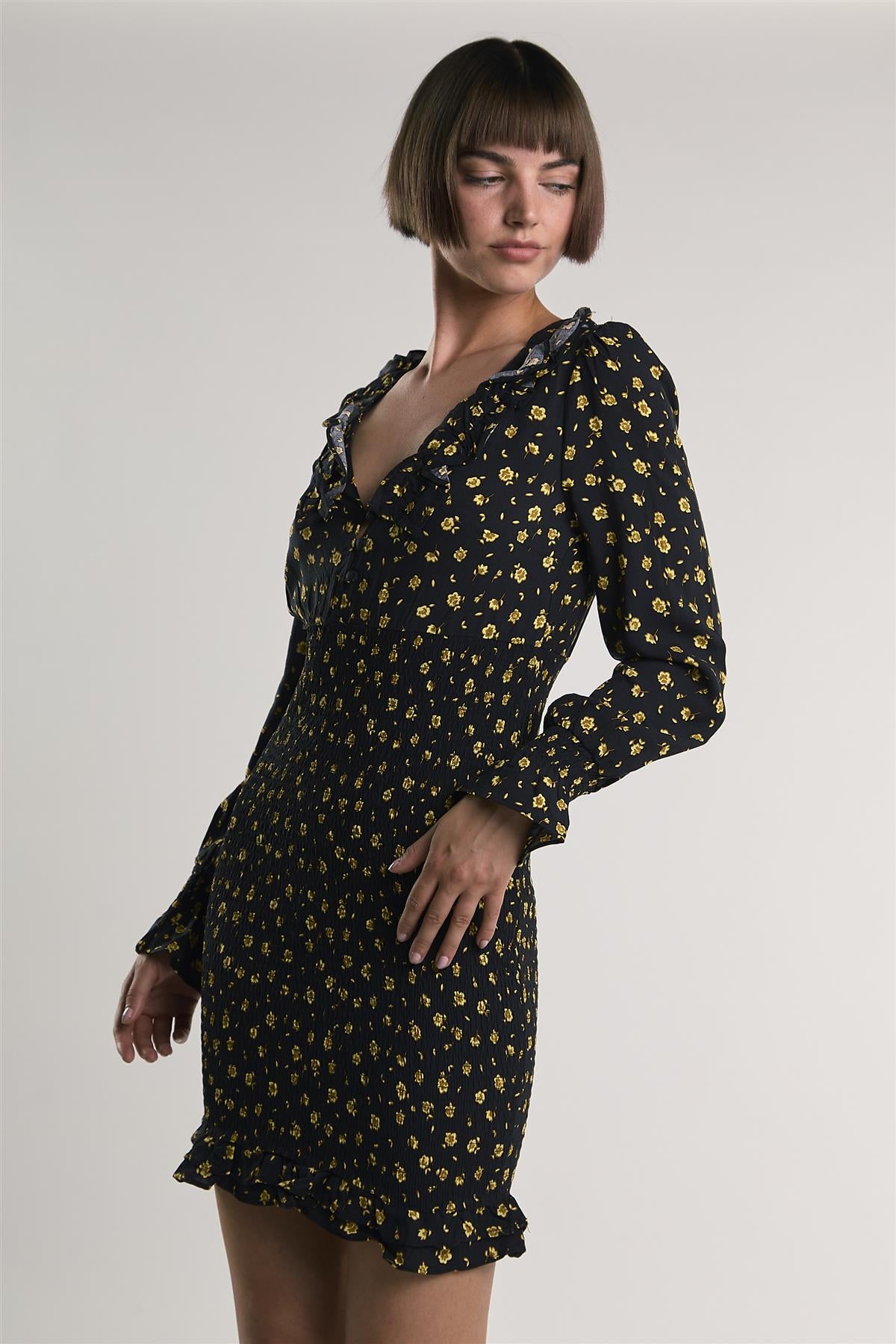 Black-Chartreuse-Ditsy Long-Sleeve-Ruffle-Trim Mini-Dress