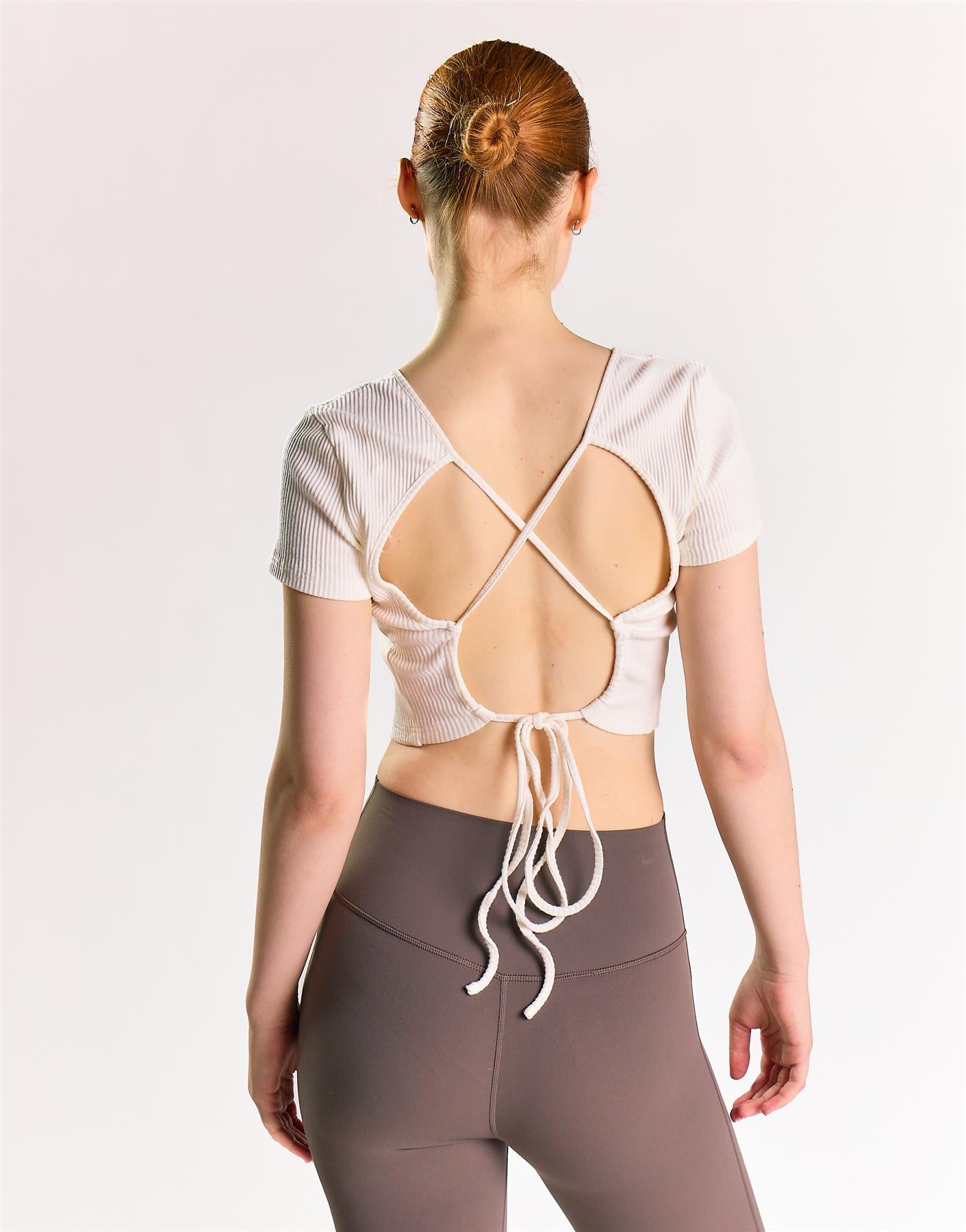 Off White Rib Open Tie Back Crop Top