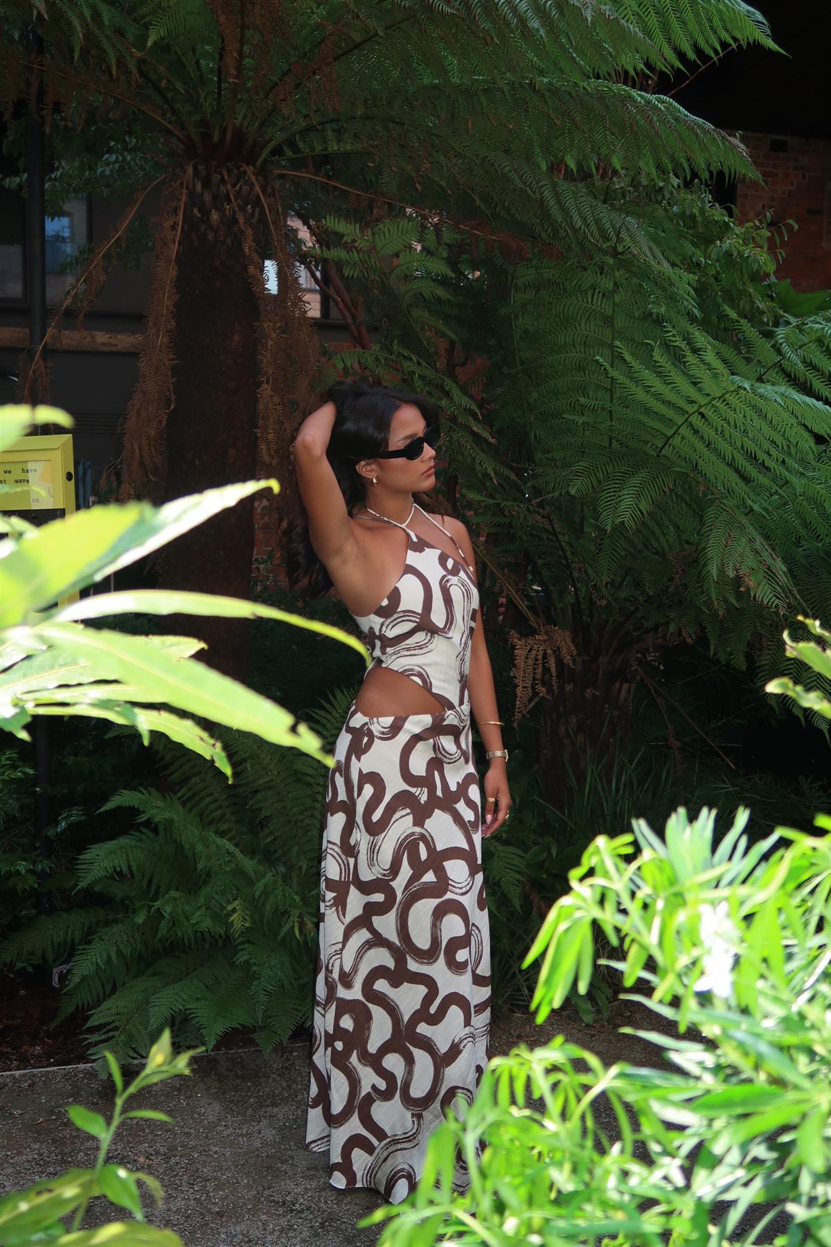 Natural-Brown-Swirl Split-Leg Maxi-Dress