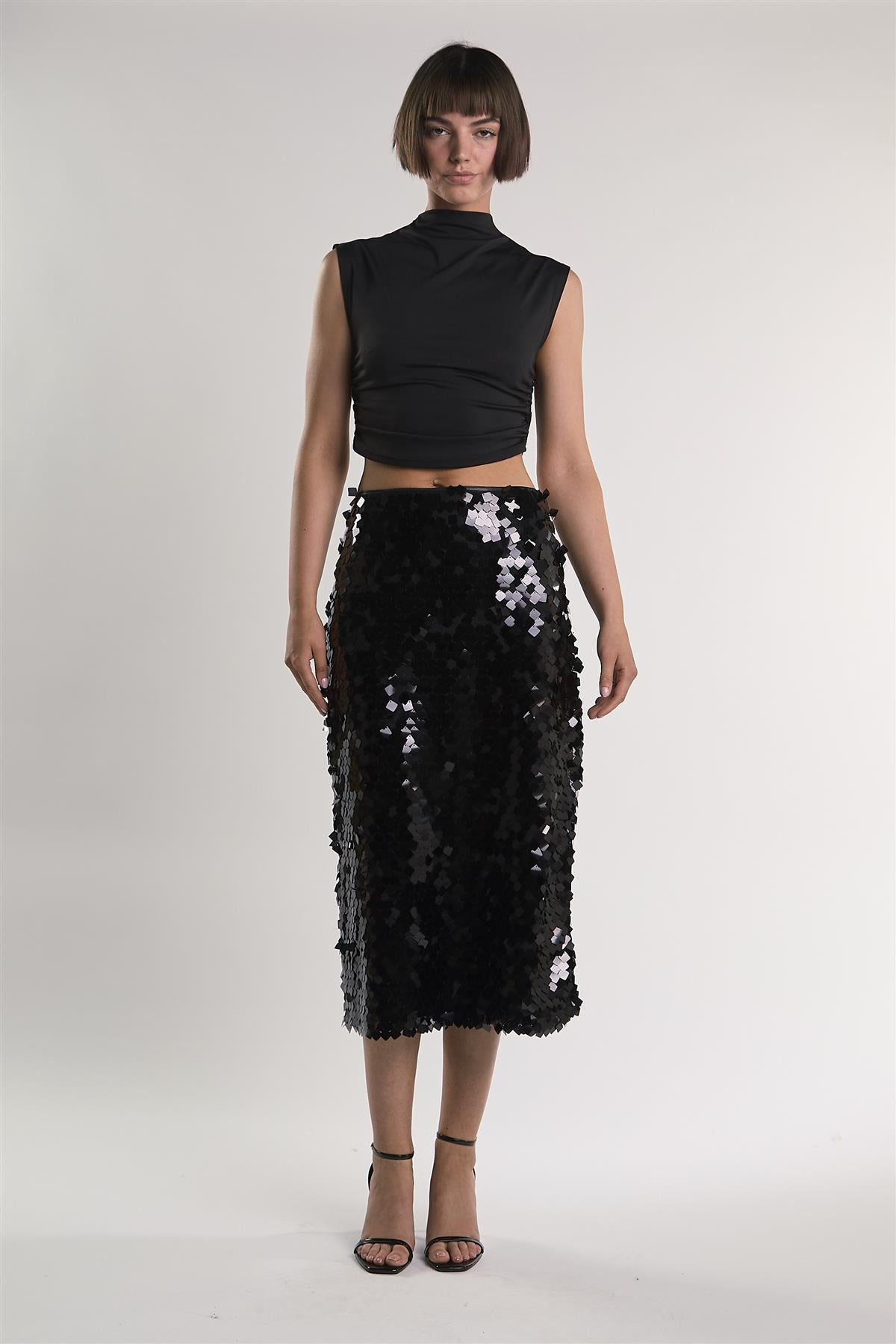 Black-Square-Sequin High-Waisted Midi-Skirt