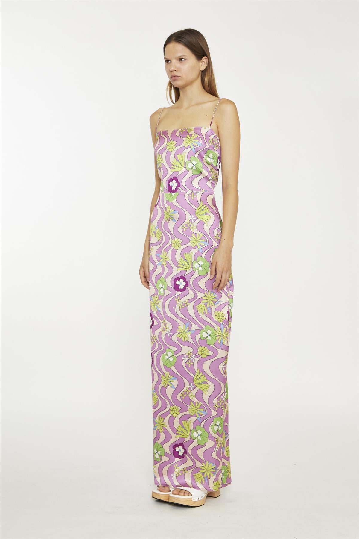 Purple-Swirl-Floral Sleeveless Maxi-Dress
