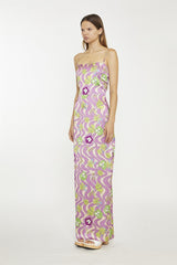 Purple-Swirl-Floral Sleeveless Maxi-Dress