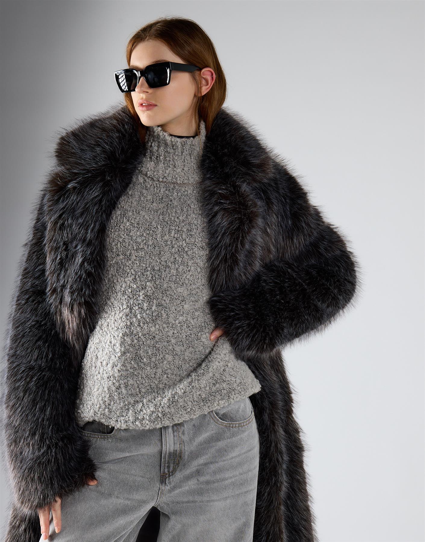 Dark Grey Tipped Fur Tie Waist Coat