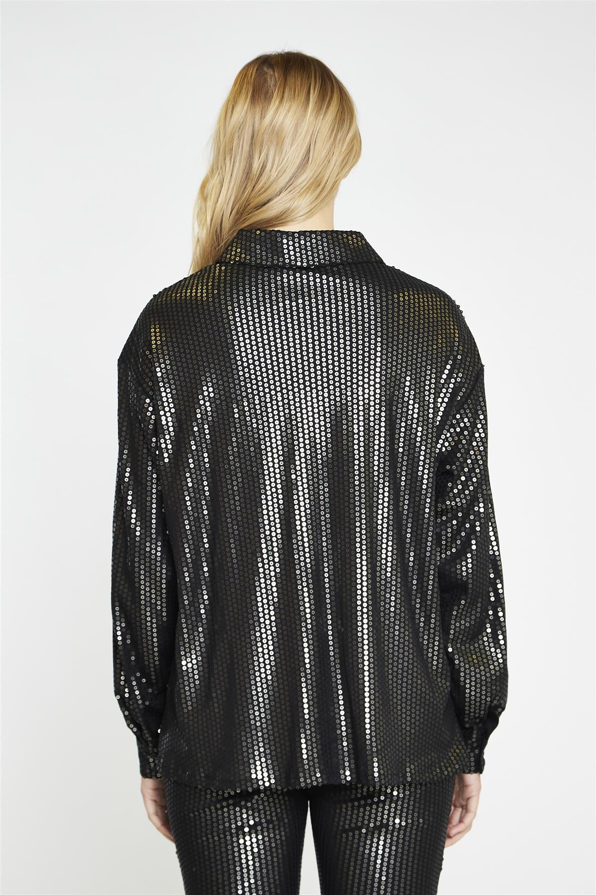 Black-Pewter-Sequin Button-Front Long Sleeve-Shirt