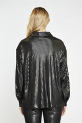 Black-Pewter-Sequin Button-Front Long Sleeve-Shirt